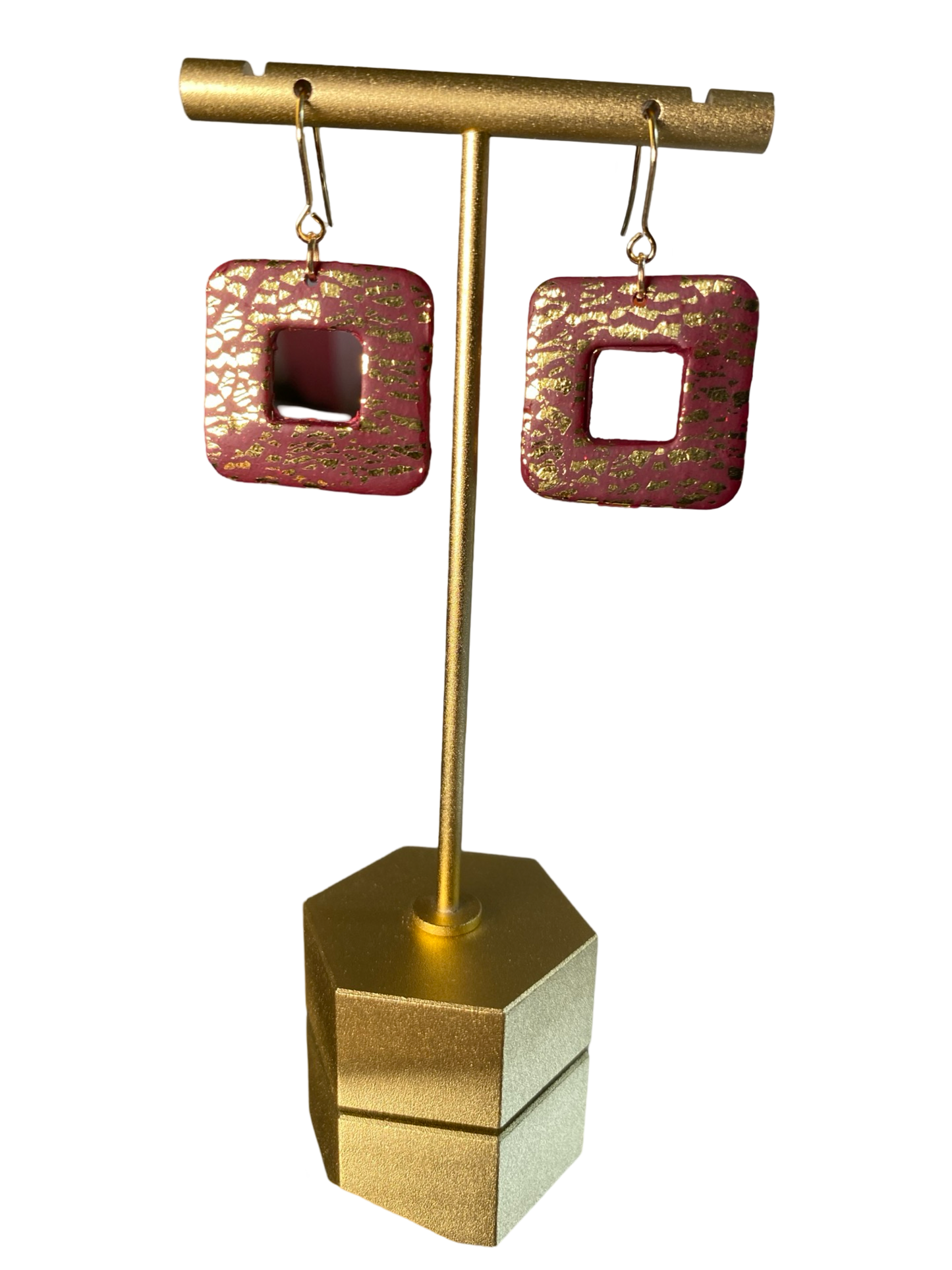 Gold Dust Hollow Square Dangle Maroon Earrings
