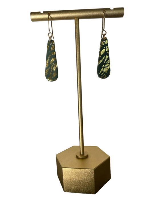 Gold Dust Mini Oval Dangle Hunter Green Earrings