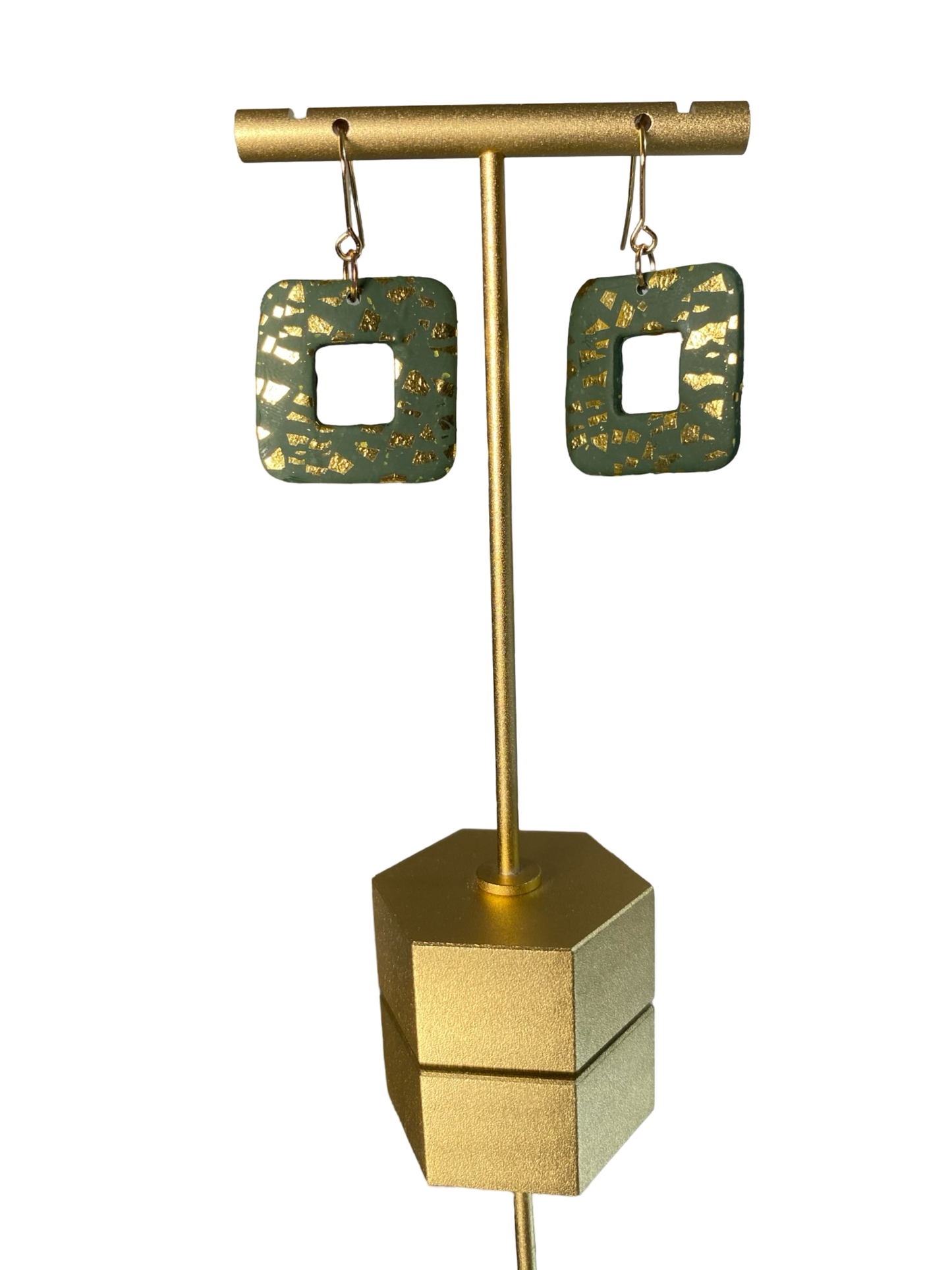 Gold Dust Hollow Square Dangle Hunter Green Earrings
